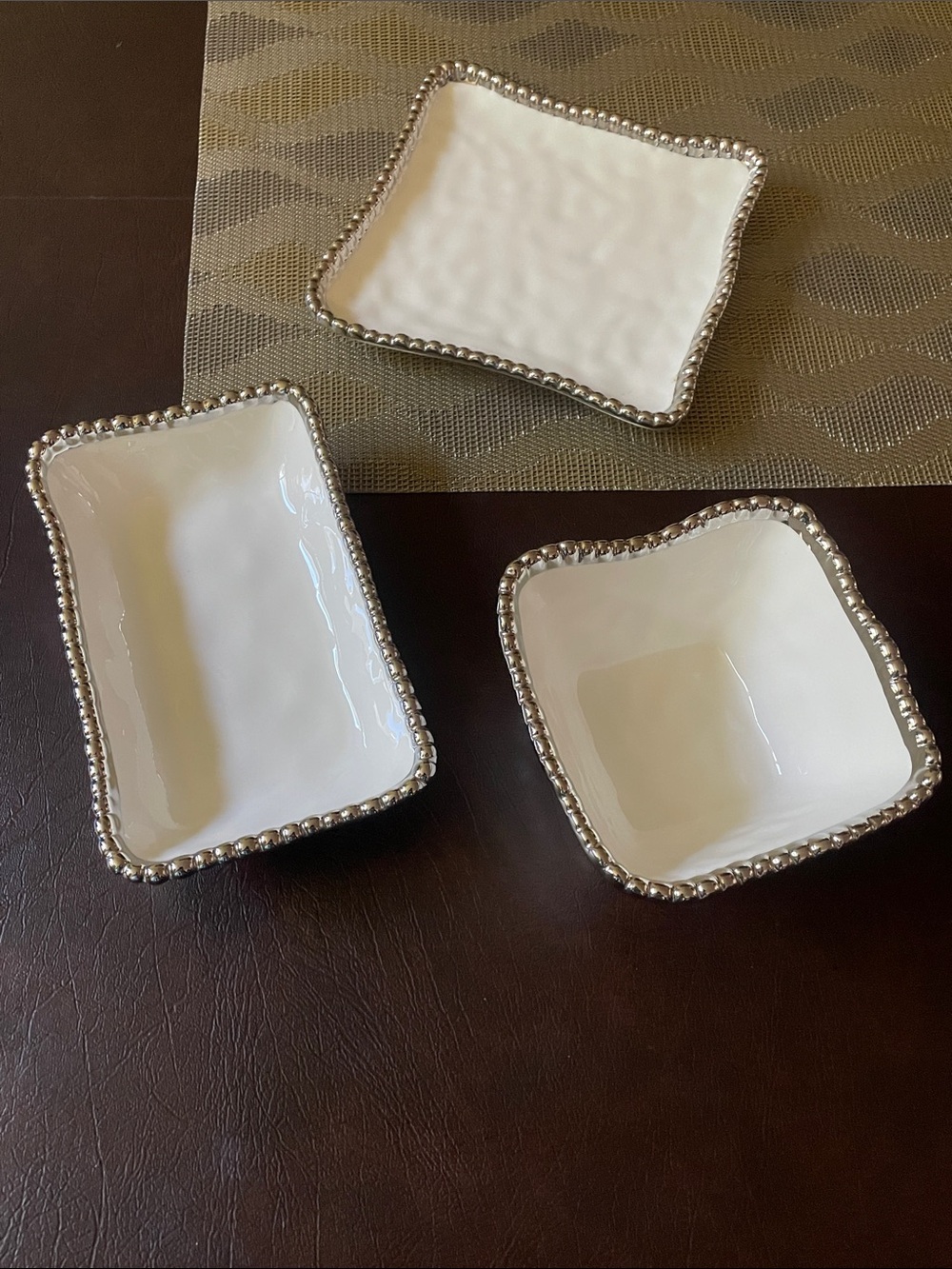 White Ceramic Serving Bowls with Silver Beaded Rim - Set of 3